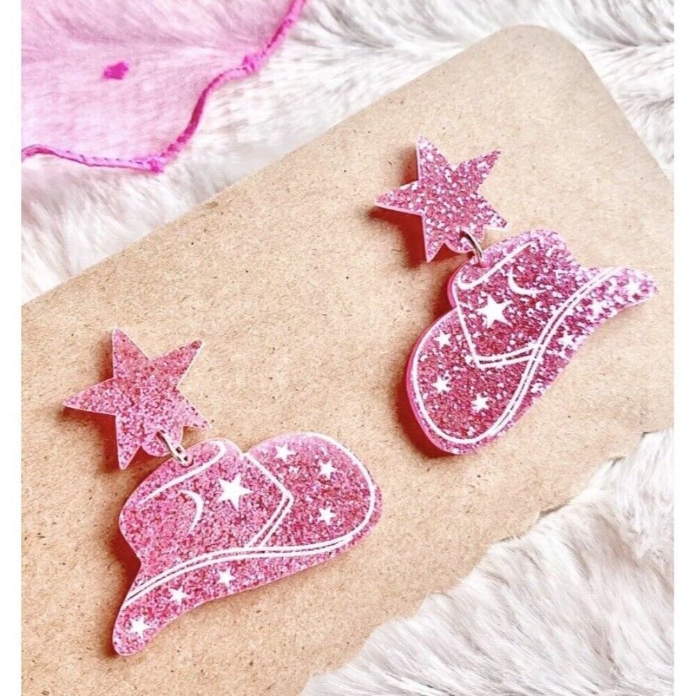 New Pink Glitter Cowgirl Hat & Star Rodeo Texas Retro 80s Style Dangle Earrings